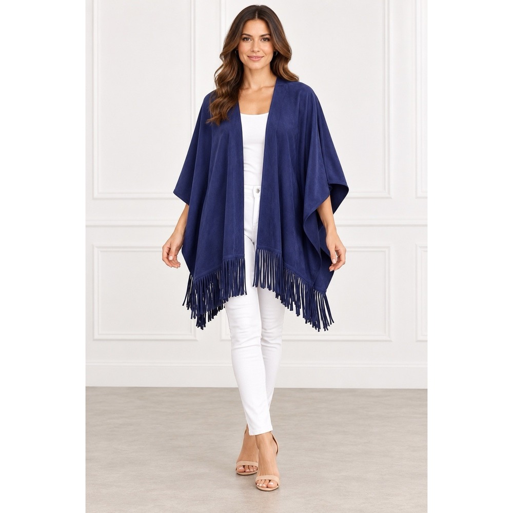 WHBM Cardigan Duster Whimsy Western Faux Suede Black Fringed Poncho One Size #22